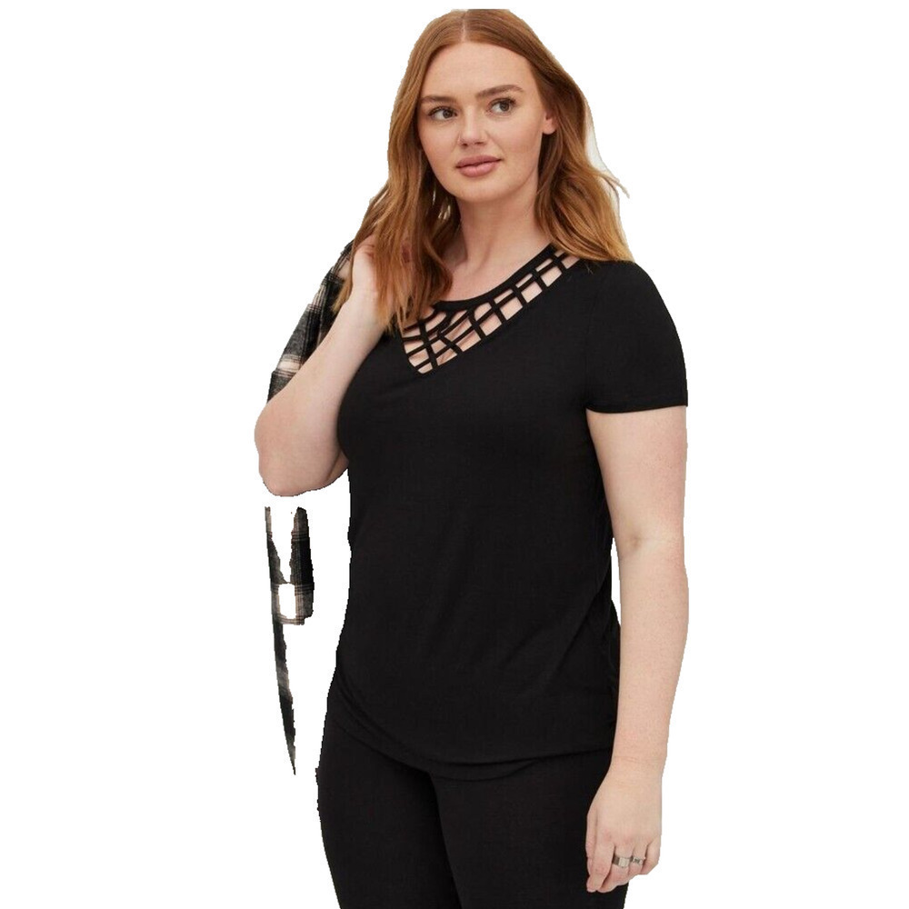 Torrid Lattice Caged Neck Knit Top Womens Plus Size 2x 2 Black Short Sleeve